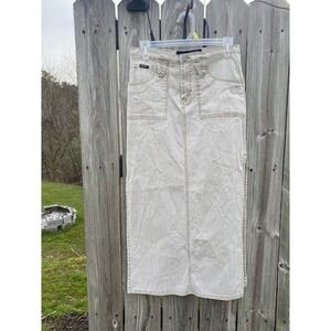 Squeeze Stephen Hardy Tan Pinstripe Denim Maxi Skirt Side Slit Womens 7/8